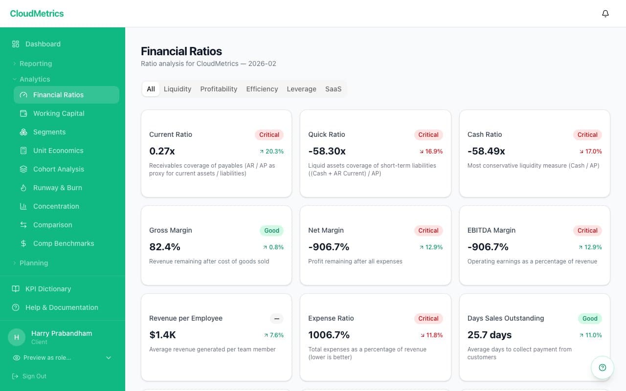 Financial ratios dashboard — key ratios with color-coded health status badges